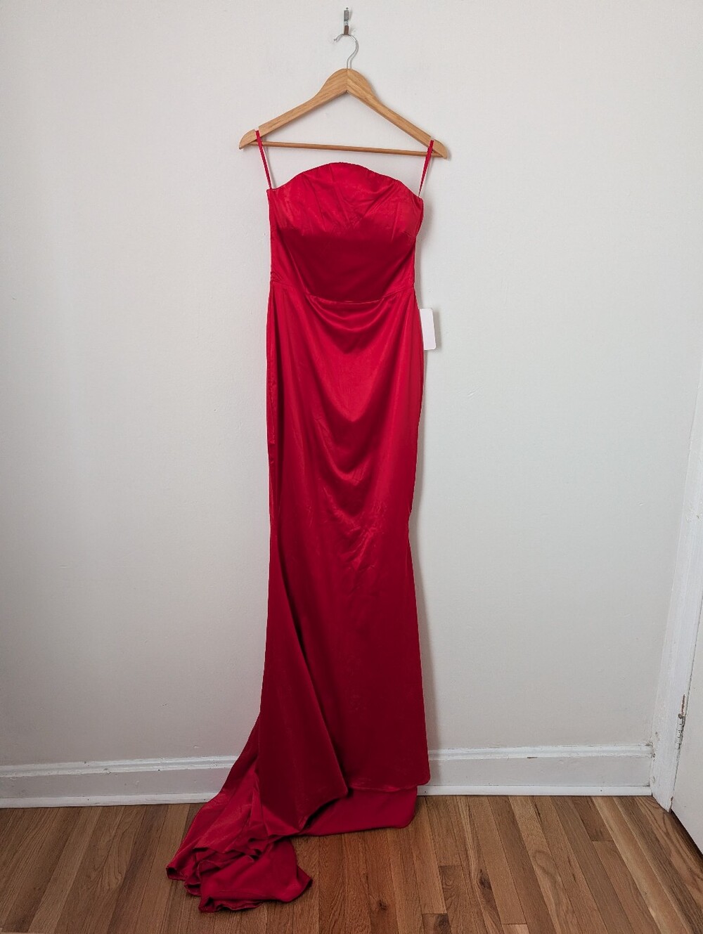 NWT Alamour Burgundy Red Satin Strapless Curved Bodice Train Gown Maxi Dress